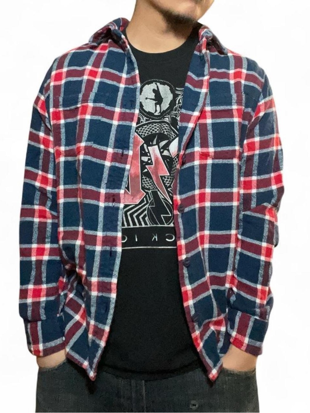 Industry Supply Co. Navy and‎ Red Plaid Button Down Flannel Shirt